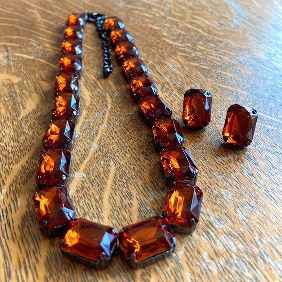 Joan Rivers Jewelry - Dark Orange / Amber & Gunmetal Necklace & Earrings Set by Joan Rivers